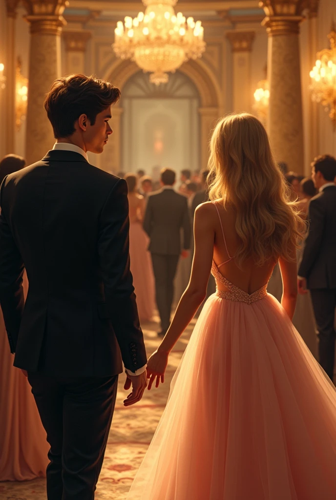 In the elegant ballroom, a beautiful young woman, twenty years old with a fair complexion and long, straight blond hair, wears a light pink ball gown with delicate thin straps. She reaches out with outstretched arms, calling to a young man who is walking away from the crowd. The man, also around twenty, is handsome with dark brown hair and a fair complexion, dressed in a sharp black suit. As he moves away from the crowd, his back is turned towards her, creating a poignant moment of longing amidst the opulent surroundings of the ballroom.