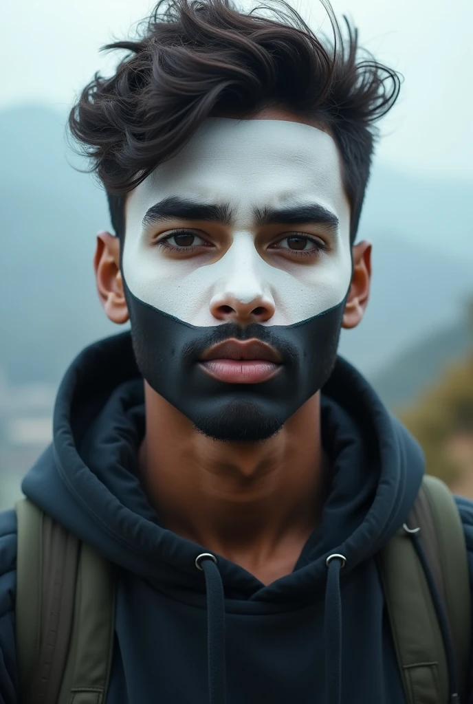 A Indian facial face 18 old man (upper were color is white and button were is black)
Standing on heights place 