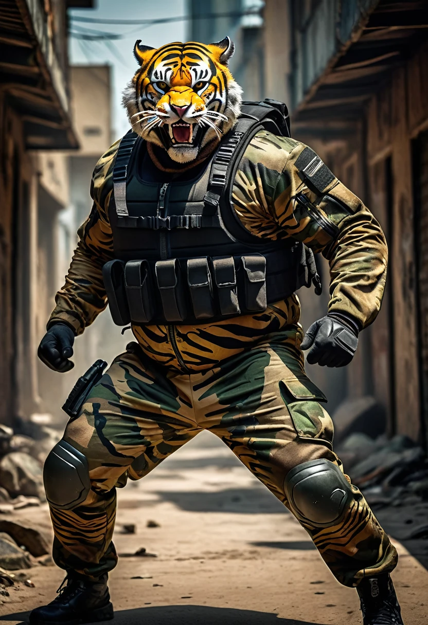 (a dark-skinned fat muscular old man in a skintight army camouflage zipper diver suit) carrying an AK-47, (wearing a small-sized realistic roaring tiger mask), dynamic action pose, fierce expression, showcasing an imposing stature, surrounded by military elements, dramatic shadows and intense highlights, cinematic color tones, high detail, powerful, art influenced by Bruce Onobrakpeya and Stanley Artgerm, ultra-detailed, best quality image, action-packed atmosphere. fighting pose