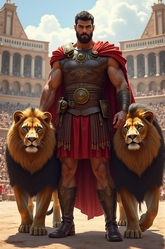 A roman beast tamer with two lions by his side