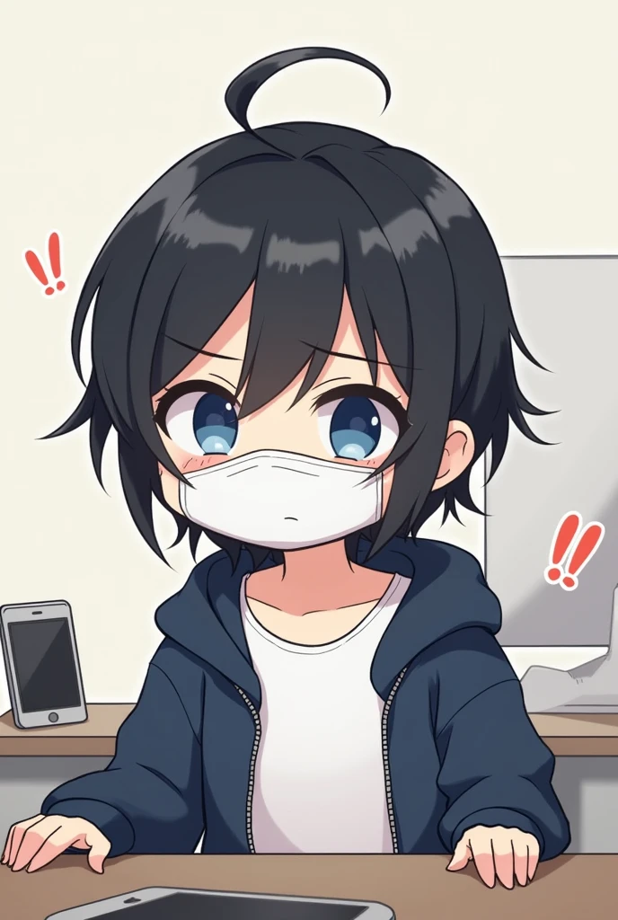 One person,Black Hair, Asymmetrical bangs, Blue Eyes,Drooping eyes,White T-shirt,Navy blue jacket,Hide your nose with a mask,smartphone,computer,Simple background,cute,Default,Illness,Confused eyes,Distributor,Chibi Character,7:3 parting