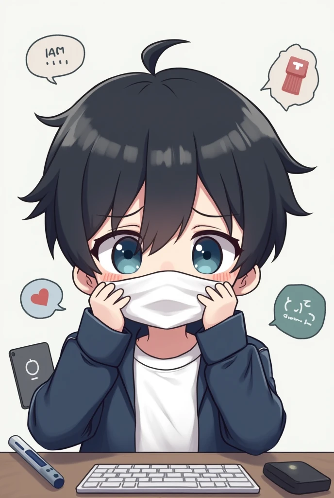 One person,Black Hair, Asymmetrical bangs, Blue Eyes,Drooping eyes,White T-shirt,Navy blue jacket,Hide your nose with a mask,smartphone,computer,Simple background,cute,Default,Illness,Confused eyes,Distributor,Chibi Character,7:3 parting