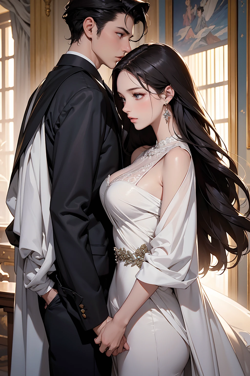 "A stunning, elegant scene featuring a central female figure in a luxurious, flowing white gown with intricate detailing, her long, dark hair cascading gracefully over her shoulders. She stands confidently between two impeccably dressed men in sharp black suits. The setting is a refined, sunlit room with large windows, casting a soft glow on the trio. The atmosphere is charged with intensity, capturing the complex dynamics of power, attraction, and hidden agendas. Focus on the opulent clothing, the poised and alluring expressions, and the sense of high-stakes drama that binds these characters together."