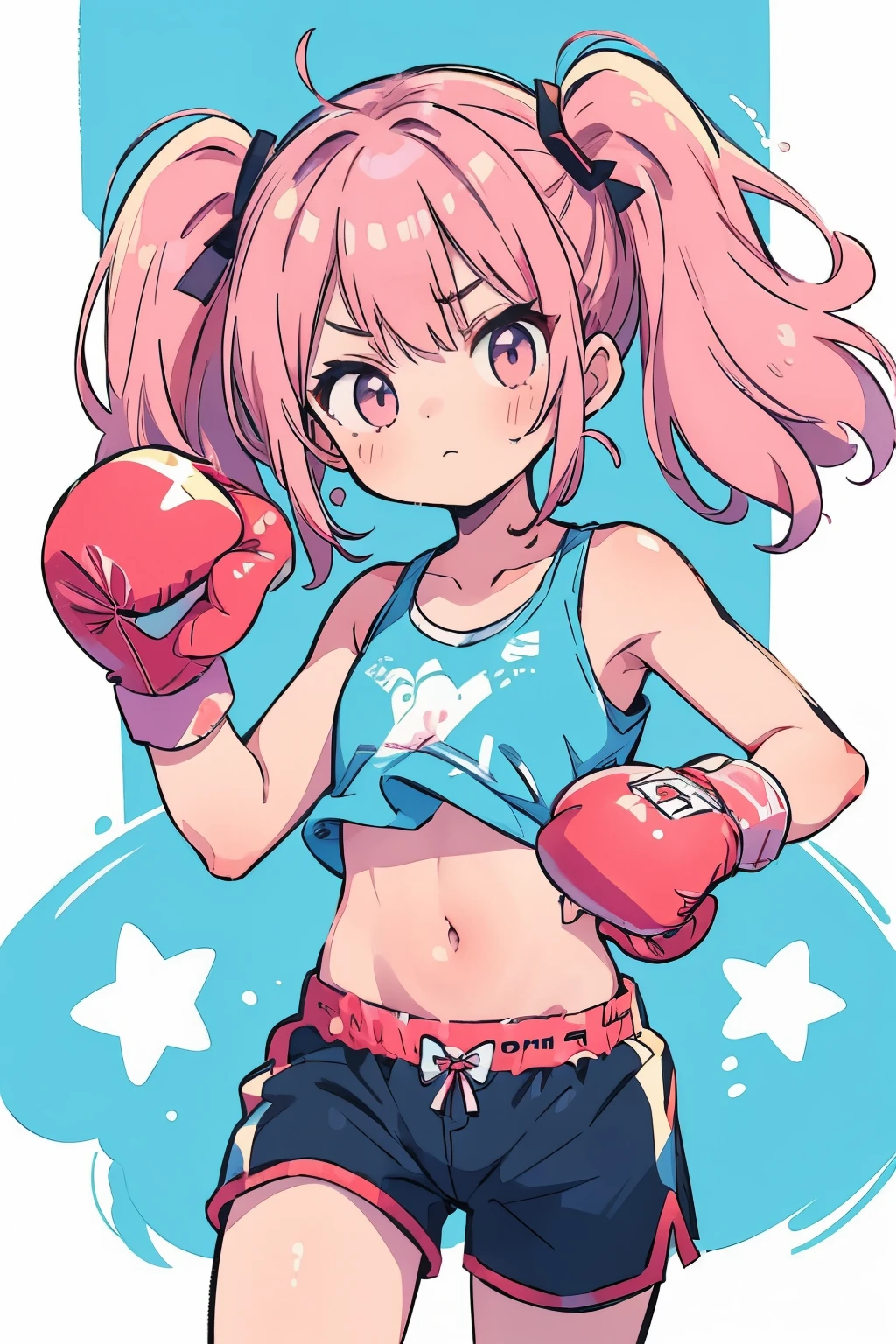(boxing:1.3)、Teenage Girl、(child:1.1)、belly button、stomach、cool、Shorts、Twin tails、Pink Hair、Serious expression、strong、(Closed Mouth:1.1)