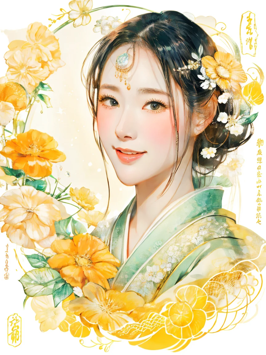 8ｋ　Highest quality　Highest quality　High resolution　flower々A woman in a kimono wearing ornaments　Mainly facial depictions　　A soft, calm smile　Pale colors　Soft ink painting　Fantasy　Smooth, thin ink lines　Gentle and subtle contours　Orange and soft yellow hues　No text in the background　Text none　nosign