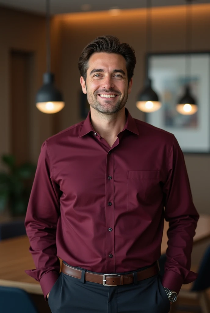 A businessman in wine colour shirt looking confident age of 38 in office 