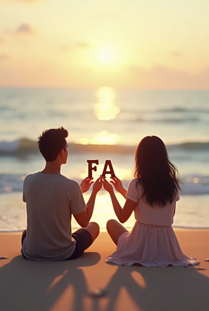 Couples holding lettter f and a at beach sitting 
Turning their back make it a necklace