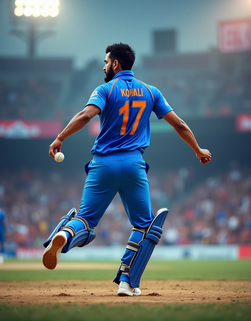 Cricket player Virat Kohli in blue jersey with INDIA written on the back and white sneakers pitching from behind，drop shadow, anaglyph, stereogram, tachi-e, ass pov, atmospheric perspective, 8k, super detail, best quality