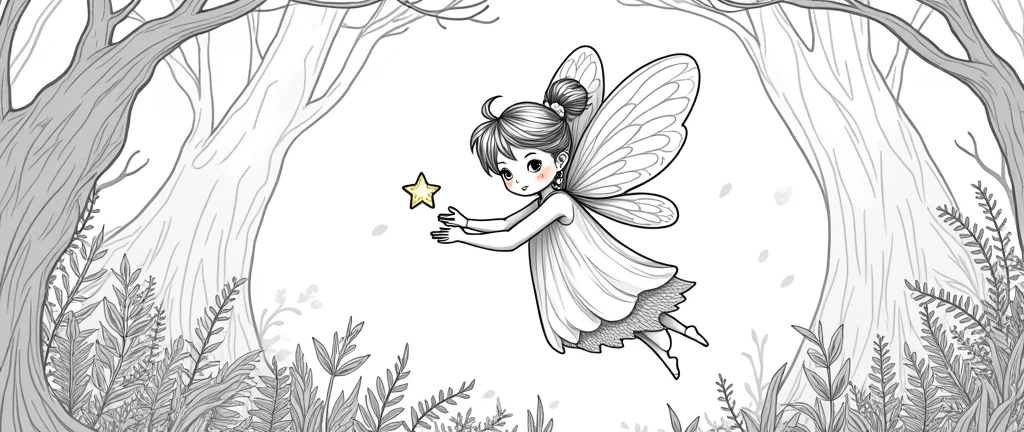 a pretty fairy with a magic star in her hands, for coloring pages, full white, children's style, magic forest background, full body, Sketch style, playful style, childrens
