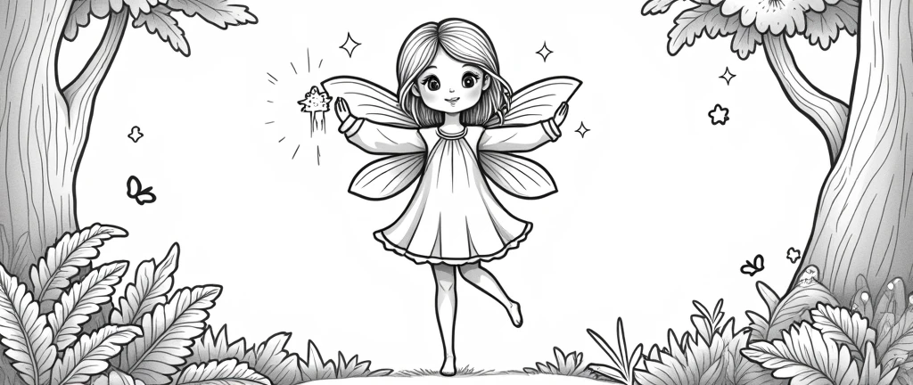 a pretty fairy with a magic star in her hands, for coloring pages, full white, children's style, magic forest background, full body, Sketch style, playful style, childrens