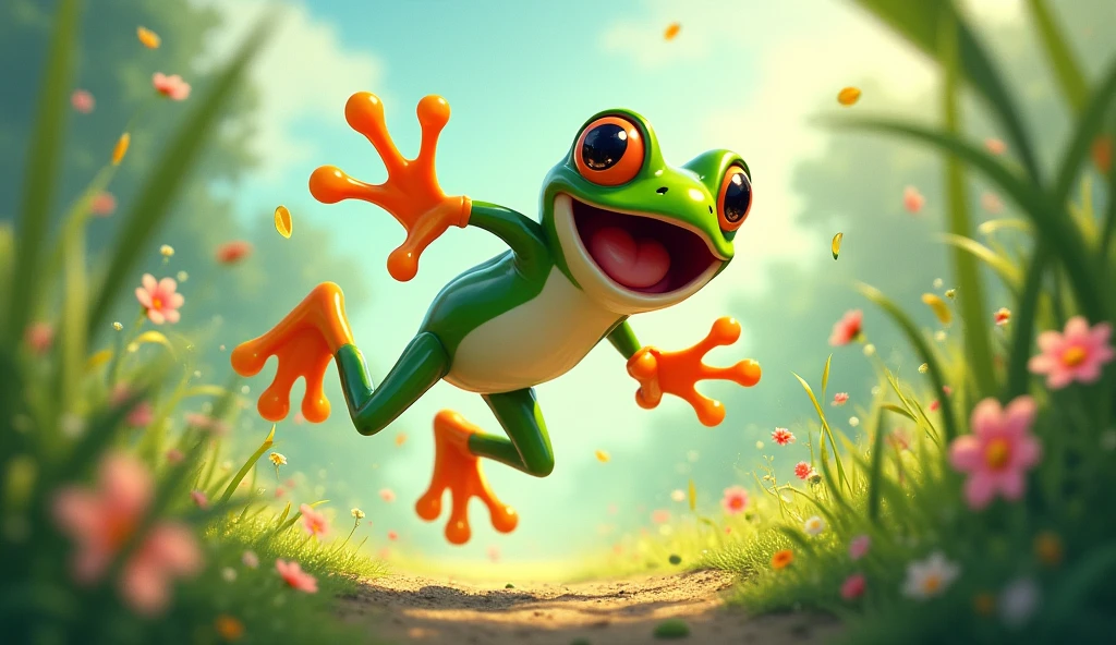 Here comes the frog, jumping so spry,
With a ribbit and a leap, he’s flying by.
He’s croaking a tune as he hops along,
Join the parade and sing this happy song