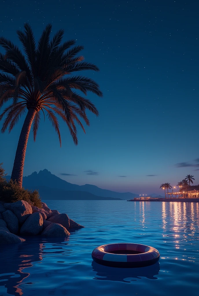 Create a palm tree in the background sea and behind it you can see a party mrile on Mallorca below the palm tree is a swimming ring above there are stars it is night 