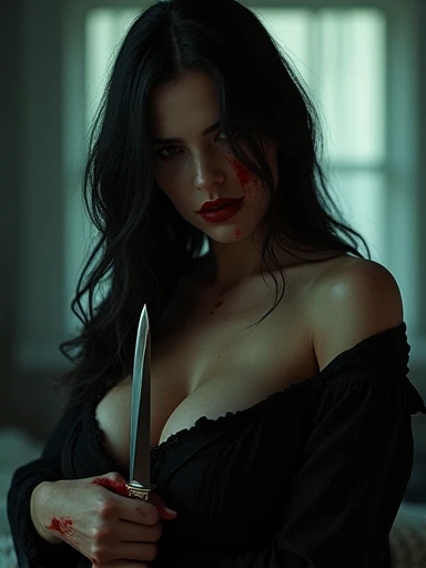 (Masterpiece. UHD. Photorealistic) In a dimly lit room. Blurry background. An ultra hot gorgeous woman. Age 23. Voluptuous hourglass body. Gorgeous face. Epic cleavage. (100 DD size).face staring blankly. A glint of madness in the eyes. Evil surly smile and full red lips. holding a knife tightly.(( knife Blade downwards)). Clothes and body covered in blood.