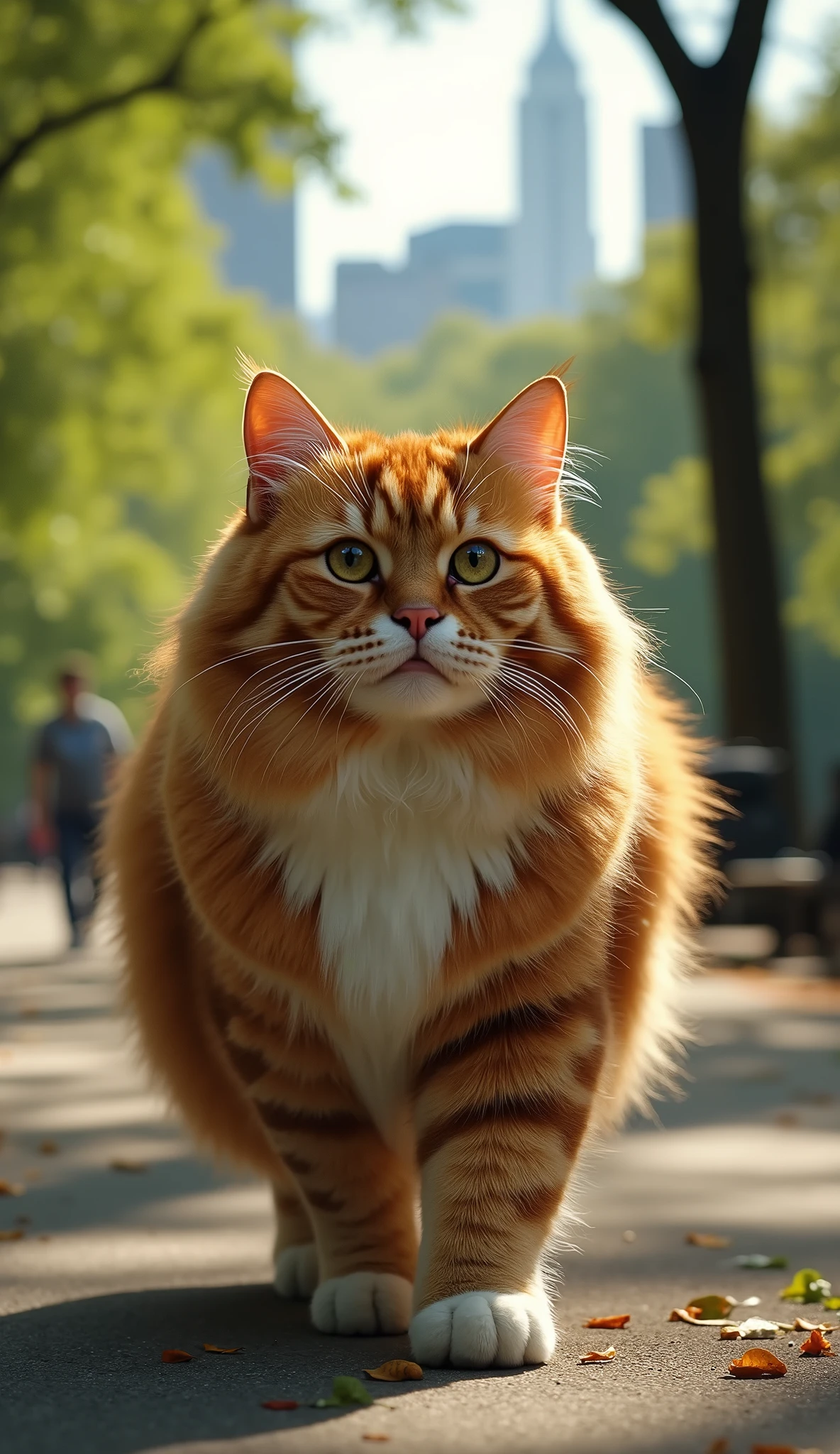Newspaper photo\(realistic big fat cat walking arround central park) chill out, feeling adolescent, at central park side, color photo\)