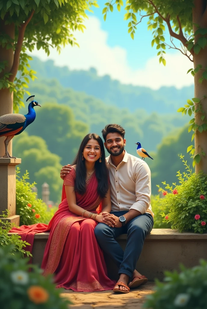 Radha 24 YEAR OLD SITTING TOGETHER WITH A GUY POSING FOR A PICTURE in village sitting, create high quality realistic image, Landscape of a forest, bight sky, vibrant colors, looking with smile, environment is background is of garden, image should ultra clear, hyper realistic, high quality 4k , peacock and birds