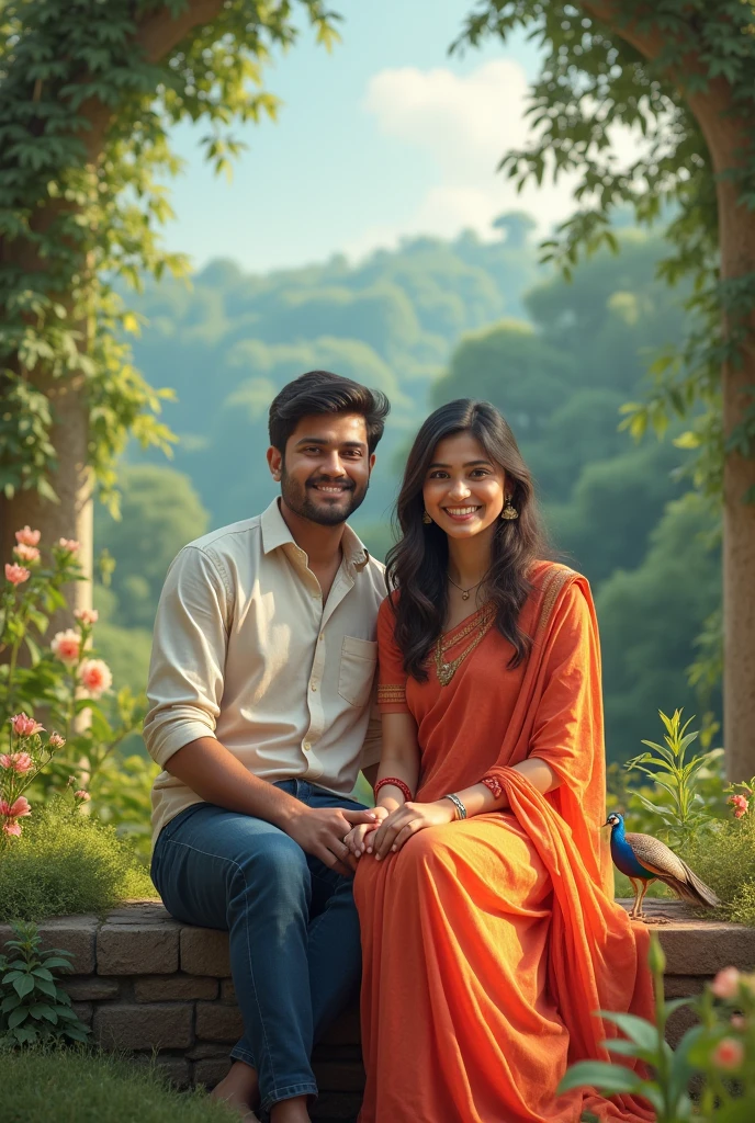 Radha 24 YEAR OLD SITTING TOGETHER WITH A GUY POSING FOR A PICTURE in village sitting, create high quality realistic image, Landscape of a forest, bight sky, vibrant colors, looking with smile, environment is background is of garden, image should ultra clear, hyper realistic, high quality 4k , peacock and birds