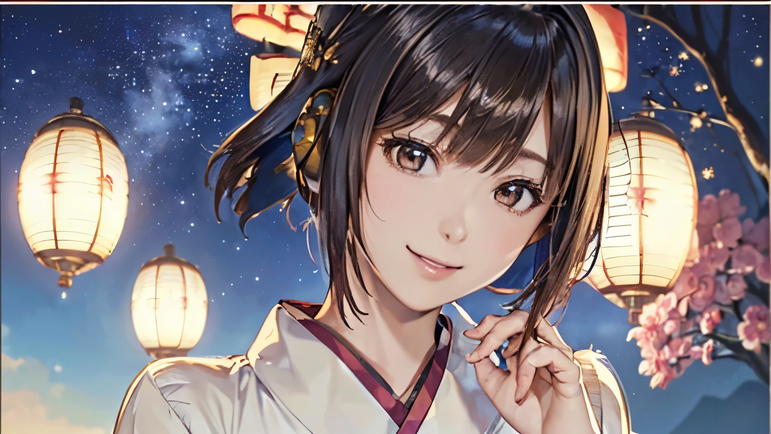 ((a closeup, top-quality, high detailing, rich skin detail, nffsw)), (Best Quality, 8K, Oil Painting, masutepiece:1.2), ((top-quality, 32K, nffsw:1.2)), (Raw photography), (realistic), (Photorealsitic:1.2), (((high resolution))), ((ultra-detailliert)), ((extremely beautiful face and eyes, 1girl in, round small face, big breasts thin waist)), (((upper body shot))), (((bust shot))), (((Short hair))), (((Girly hairstyles))), (((She wears kimono))), (((kindly smile))), (((Laughing))), (((emphasis on the chest))), (((Hands behind the body))), ((headphones)), ((background: night, starry sky)), ((ukiyo-e style)), ((smile)), ((1 girl)),