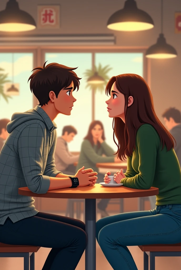A couple is sitting and talking in the cafeteria, the boy is a little nervous, the boy is wearing a gray check shirt and smart watch, and the girl is wearing a green top and jeans. Both are sitting in cafeteria but not drink coffee aur tea.