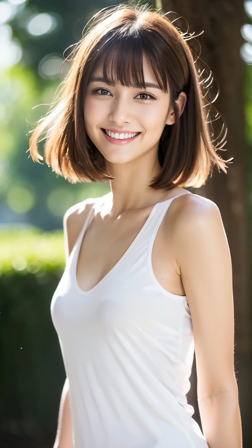 1 Female, , Maximum chest, Light brown hair, Blunt bangs, Random hairstyle, short hair, Slim figure, Thin face, Delicate lips, Beautiful Eyes, Light blush, eyes are light brown, Perfect glowing skin, Perfect Skin, Shining Sweat,Have a look at this, Ultra-thin needle, Very thin fingers, The optimal ratio is four fingers to one thumb, (Realistic:1.3), Tank top、Super Detail, high quality, 最high quality, High resolution、Smiling Kindly,Long legs,