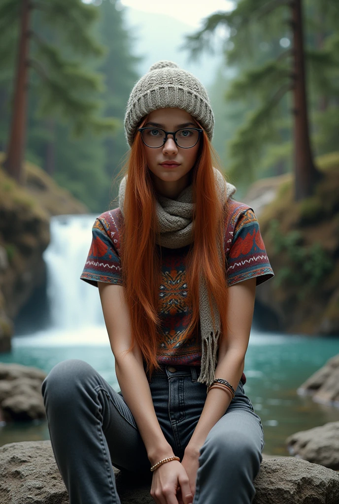 Portrait of a 17 year old Persian woman with long, straight red hair,wearing glasses and watches, wearing a colorful paint patterned t-shirt and gray jeans, and wear a knitted hat, wearing a scarf around the neck ,sitting on the rocks of the waterfall and surrounded by large pine trees