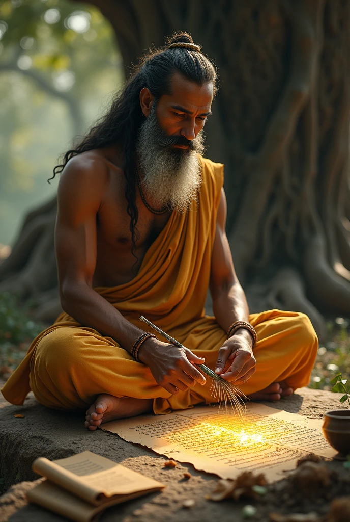 Rishi Vyasa, now in a focused state, sits on the ground with an ancient palm leaf in front of him. He holds a sharp quill made from a peacock feather, dipping it into a small pot of ink. His hand moves gracefully, writing Sanskrit verses on the palm leaf. The background features the banyan tree and a few scattered scrolls, indicating his intense work. A golden glow emanates from the leaf, symbolizing the divine nature of his writing."