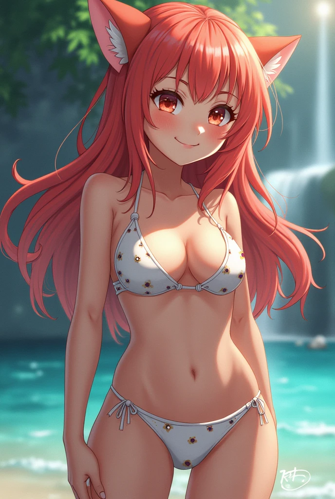 High quality, very high resolution, large size, full color, skin with fine details, eyes with fine details, digital painting illustration, 4K image quality, 1 girl, ((cute and beautiful girl), whole body, 18 years old, small breasts, (long red hair), hibiscus hair ornament, (cute and beautiful black eyes), smile,(rainbow sport bikini), wearing a wet white T-shirt, see-through navel, necklace, earrings, wet body, river, raining, spring , (glow with beautiful details), light particles, lens flare, HDR, (Rembrandt lighting), colorful reflections, film reflections,pine trees in the background