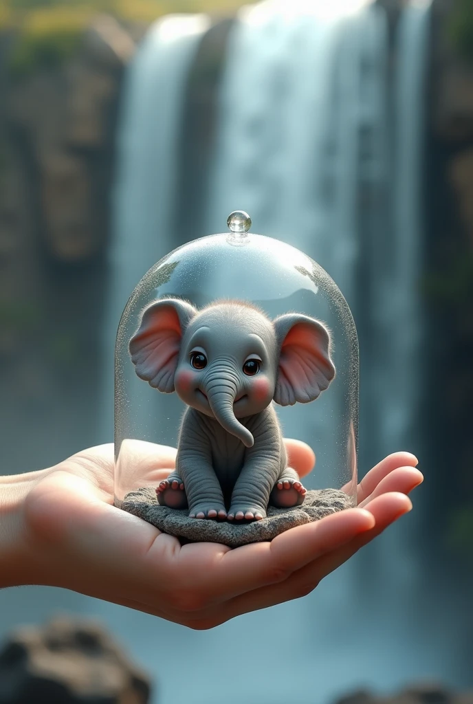 make me a 3D picture of a cute baby elephant in a glass on the palm of my hand with a realistic waterfall background