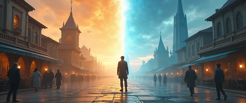 Évasion à Travers le Temps
Concept : L'idée ici est de représenter l'évasion à travers le temps, où un personnage ou une scène se déplace d'une époque à une autre. Par exemple, le personnage pourrait être vu en train de courir ou de marcher dans une perspective qui commence dans une époque ancienne (comme l'Antiquité ou le Moyen Âge) et se termine dans un futur lointain.

Perspectives :

Perspective 1 : Sur la première page, commencez par une scène représentant une époque ancienne. Par exemple, un marché médiéval, une cité antique ou un village de l'époque avec des éléments architecturaux typiques. La perspective pourrait être en plongée, avec une vue large montrant une place publique ou une rue principale qui s'étend vers l'horizon. Le personnage commence son voyage ici, situé au milieu de la page, légèrement en retrait.

Perspective 2 : Sur la deuxième page, la scène se transforme graduellement en un environnement futuriste, avec des gratte-ciels modernes, des véhicules volants, ou un paysage technologique. Ici, la perspective pourrait être à trois points, montrant l'impressionnante hauteur des structures modernes et un ciel rempli d'appareils ou d'éclairages futuristes. Le personnage continue son voyage, maintenant au premier plan, en train de s'échapper vers cette nouvelle ère.

Techniques :

Utilisez des transitions subtiles pour passer d'une époque à l'autre, comme des changements dans l'architecture, les vêtements, ou les objets autour du personnage.
Les couleurs peuvent évoluer de teintes chaudes et terreuses (pour l'époque ancienne) à des tons plus froids, métalliques, ou lumineux pour le futur.
Ajoutez des détails comme des éléments qui apparaissent partiellement dans les deux époques, comme une porte ou un chemin qui lie les deux scènes ensemble.
