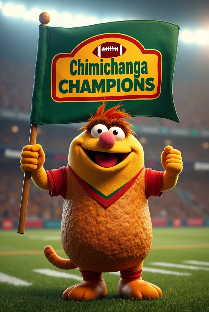 A chimichanga burrito as a  muppet’s character holding a flag with a logo saying chimichanga champions. football themed, something I can use as a profile picture 