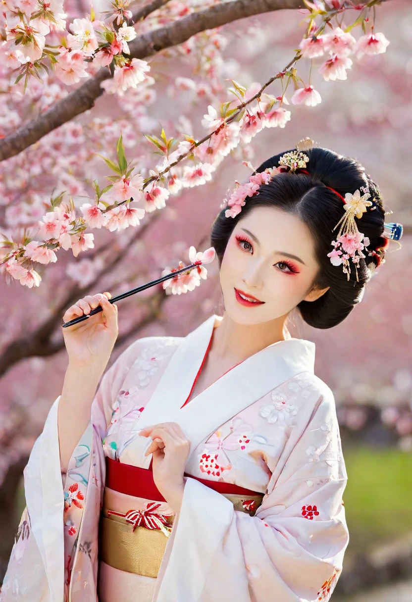 (A geisha stands gracefully under a cherry blossom, Look back and smile: 1.37), Pink cherry blossom petals next々And they scatter, (whole body)
The face base makeup has no highlight or shadow decoration. Foundation covers the entire face and neck. Red lip makeup、The area of the mouth that is smaller than normal lips. Thick and thin eyeliner pencils can accentuate the contours of your eyes., Strengthen your eyes, Makes pupils appear darker and deeper. Straight eyebrows are not only eye-catching、Informal, Cleanse the entire face. Typical Japanese Geisha makeup,
Wearing a gorgeous kimono embroidered with black and gold cherry blossoms, This is a long-sleeved kimono, Wearing clogs,
Realistic depiction of light and shadow, Realistic and exaggerated photos, super high quality, Super Details, Cinematic shots, Shallow depth of field,