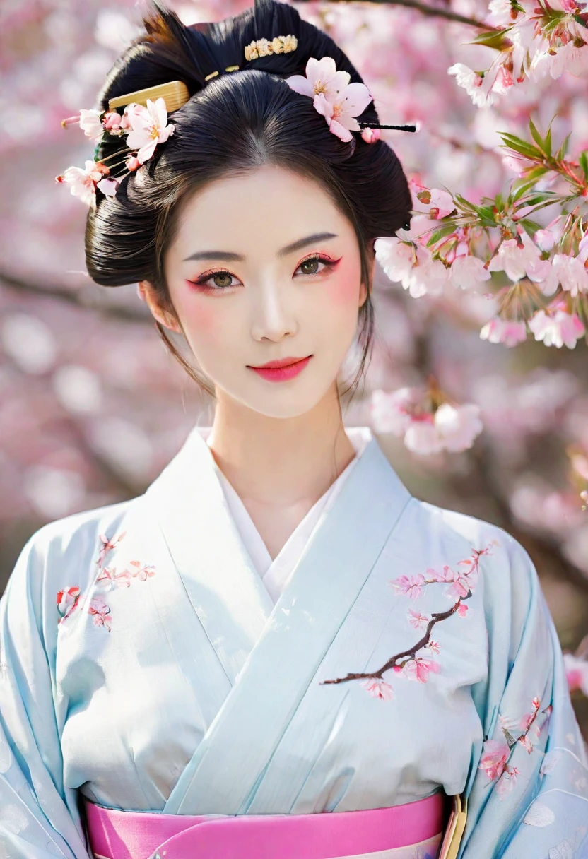 (A geisha stands gracefully under a cherry blossom, Look back and smile: 1.37), Pink cherry blossom petals next々And they scatter, (whole body)
The face base makeup has no highlight or shadow decoration. Foundation covers the entire face and neck. Red lip makeup、The area of the mouth that is smaller than normal lips. Thick and thin eyeliner pencils can accentuate the contours of your eyes., Strengthen your eyes, Makes pupils appear darker and deeper. Straight eyebrows are not only eye-catching、Informal, Cleanse the entire face. Typical Japanese Geisha makeup,
Wearing a gorgeous kimono embroidered with black and gold cherry blossoms, This is a long-sleeved kimono, Wearing clogs,
Realistic depiction of light and shadow, Realistic and exaggerated photos, super high quality, Super Details, Cinematic shots, Shallow depth of field,