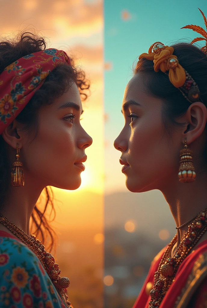 Split screen with two different cultural groups trying to communicate, illustrating both successful exchanges and potential misunderstandings. make two photos