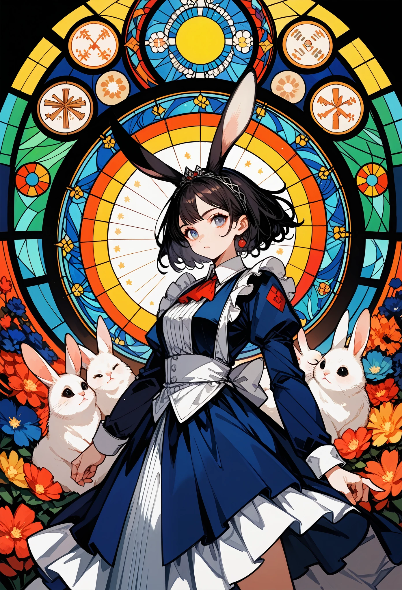 rating_safe, score_9, score_8_up, score_7_up, score_6_up, score_5_up, score_4_up, hires, source_furry, cover_page, medieval times, mystical, Alice in Wonderland, 1girl, Rabbit in a suit, Sil Off from Isometric Anime, stained glass, On White Background, Geometric composition,