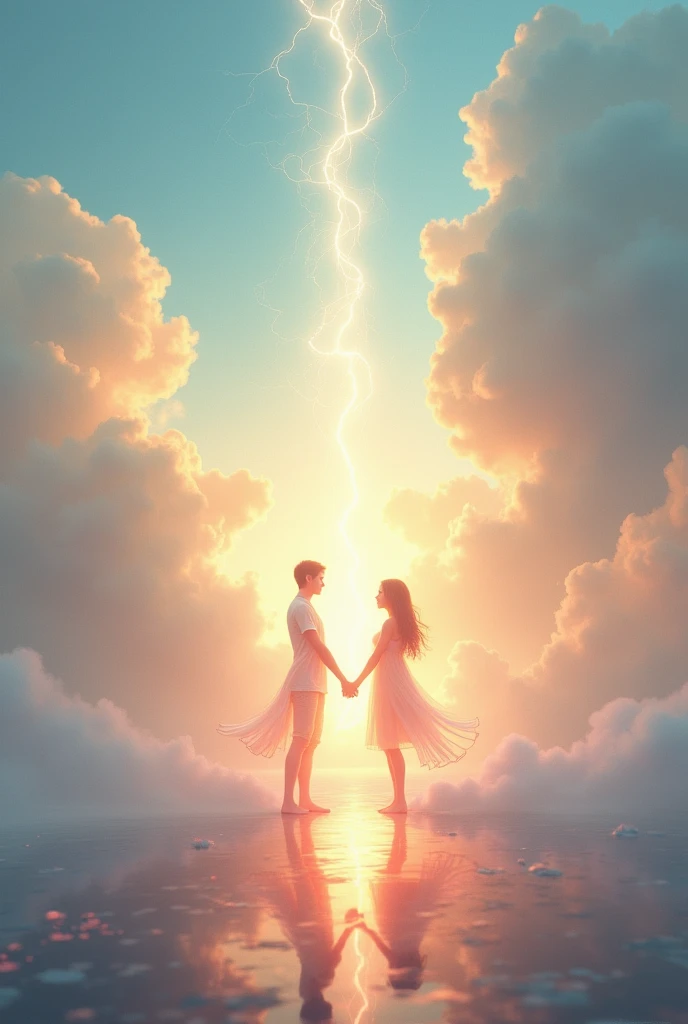 Create an ethereal and heartwarming scene that illustrates the concept of "loving someone without ever meeting them" as described in the quote. The image should depict two luminous, semi-transparent figures or silhouettes of people, representing souls, standing apart in a vast, dreamy landscape with a soft, glowing light. They should be connected by a bright, glowing thread or light beam that symbolizes the attraction between their souls. The background should be abstract, with soft, swirling colors (such as pastels) that give a sense of warmth, connection, and spiritual harmony. The environment should be tranquil, with subtle, flowing elements like mist or light clouds, emphasizing the surreal and emotional nature of the connection.