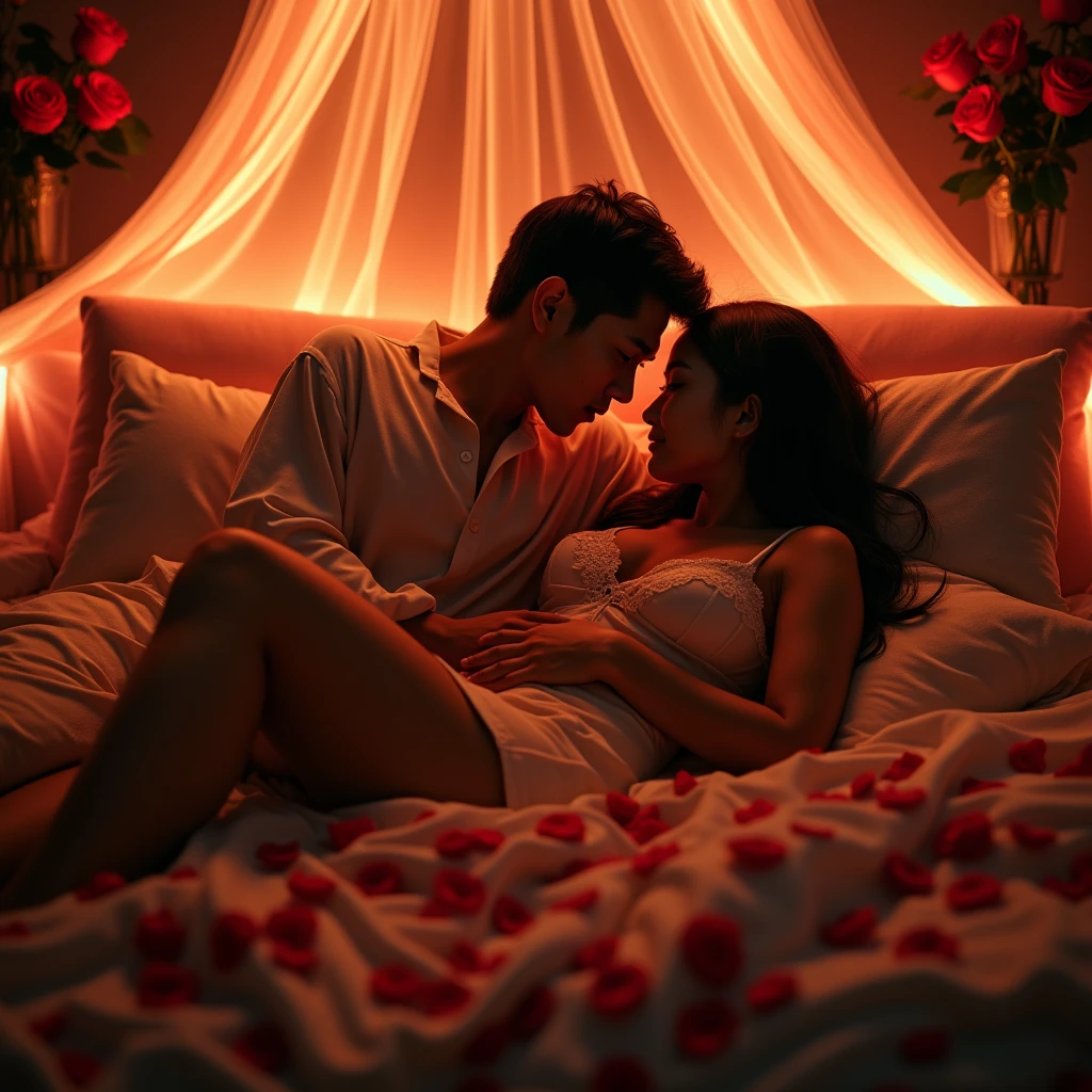 Indonesian couple. The man is a normal body wearing simple pajamas (his hands on the womman breast). With The woman is a little chubby and huge breasted (sensual and seductive expression) (her hands on the man crotch), wearing sleeveless knee-lenght nightgown. The luxurious bedroom is decorated with red roses and a mosquito net with neon backlight as a background details, lying on the pillow while hugging each other in the cold. Look at the viewer, natural light, realistic photography, wide angle shot from top.