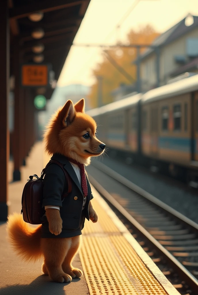 35mm lens,Multiple Angles,~ side,silhouette,Overhead Shot,chiwawa dog,Are standing,doll,Carrying a small school bag,Tram,Hokkaido,Autumn Station,Wooden house,platform, Cape,Nguyen Gia,suit,tie, (Delicate face), (High-quality fluffy fur),(35mm cinema lenses),(Multi-angle shooting),(Wide range of angles)