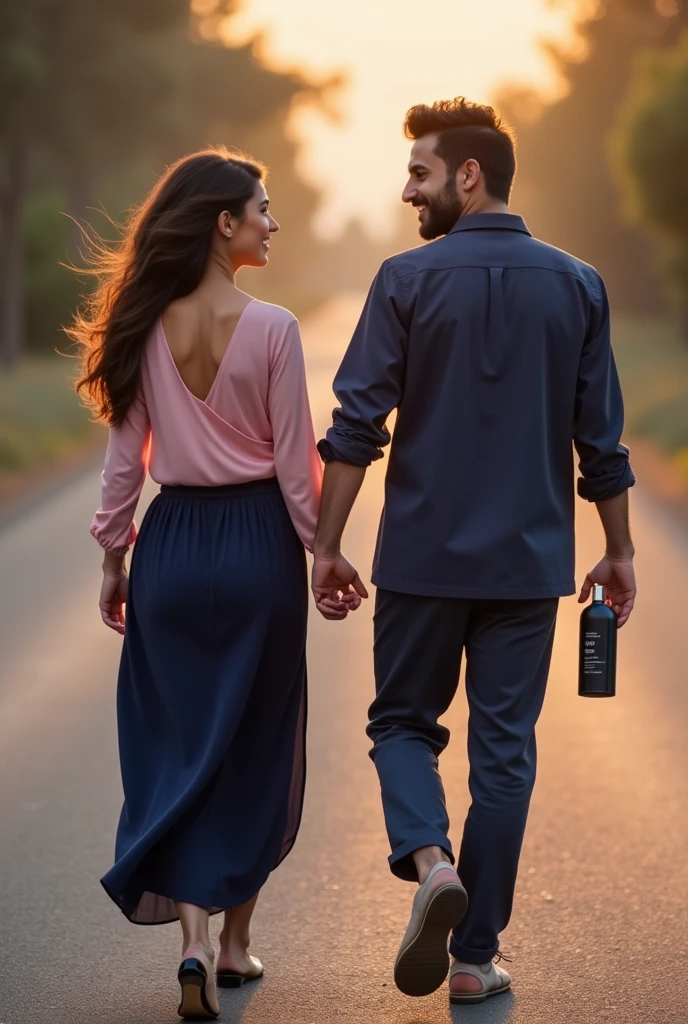A real life beautiful Lebanese woman on a beautiful long sleeve pink shirt and navy blue long skirt with her blood brother on a navy blue attire and chinos, walking to meet each other at the center of the road, smiling on a long road alone, both of them holding a large skin care lotion bottle with both hand, staring at each other as they approach, smiling and happy, with a subtle background of stars or a compass, symbolizing their journey together being guided by destiny.
With a caption of: I Write Books on Skincare, Relationship and Destiny.