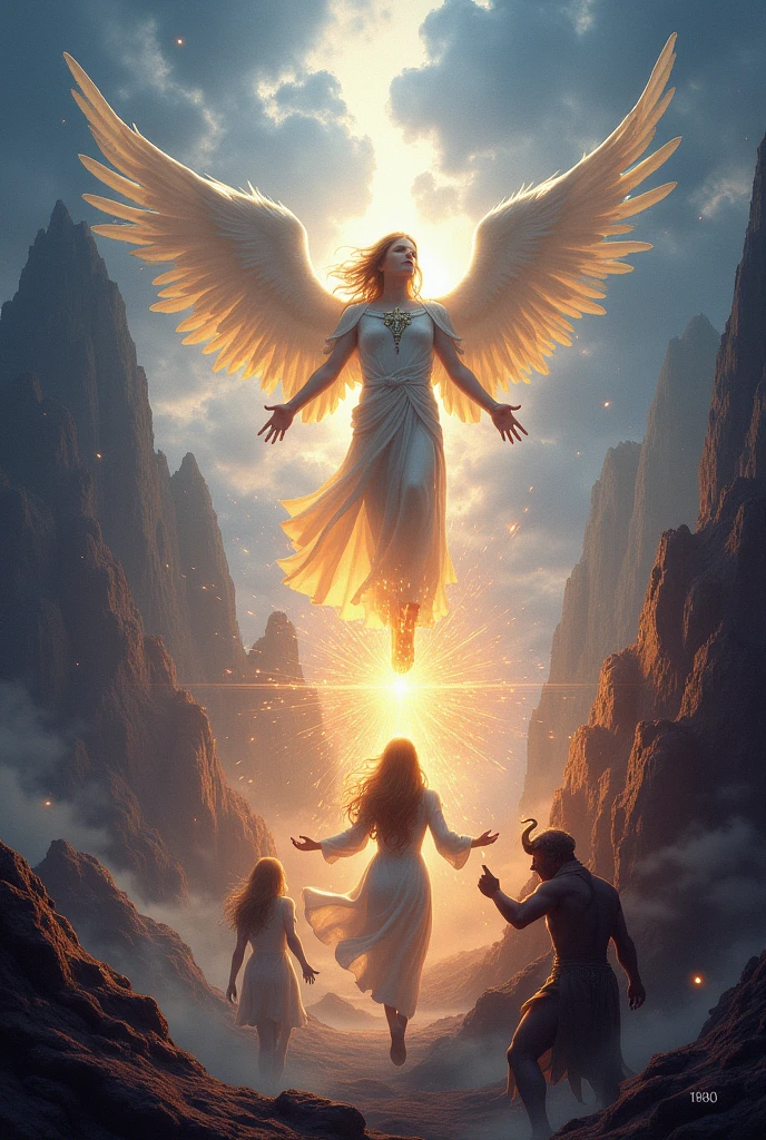 (photorealism:1.2), a cover for a fantasy world, with christian theme with the cross, the title "In The Shadows Of The Almighty", add pictures of angels fighting demons and everything else.