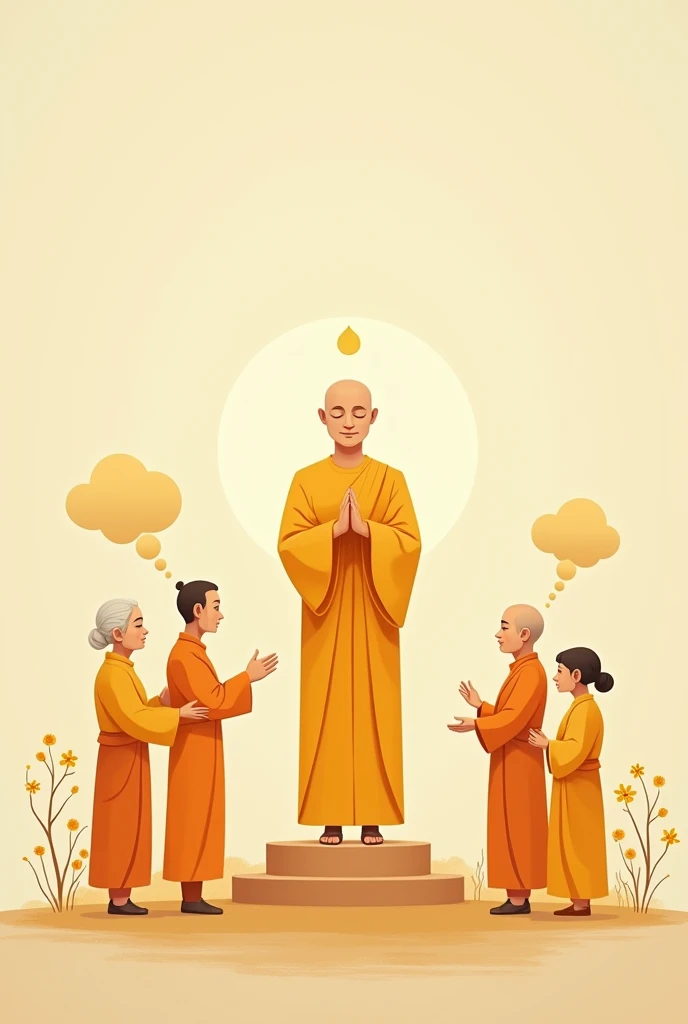 Minimalist Buddhist-inspired illustration: central golden Ariya figure, elderly parents, and monks in saffron robes. Peaceful backdrop with thought bubbles. Warm colors, emphasizing reverence and mindfulness. Modern style with traditional element.  Want to add asian parents, they are giving respected by younger people.