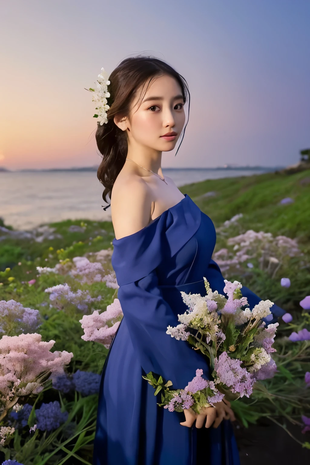 Medium breast, off shoulder, A girl standing against a background of moonlight and a sea of flowers,more elegant and dusty,a person々Let yourself be immersed in this beautiful picture。Her every move is like a beautiful dance.,As if melting into this sea of flowers,Expressing the beauty of ancient style, fireflies, dark forrest,