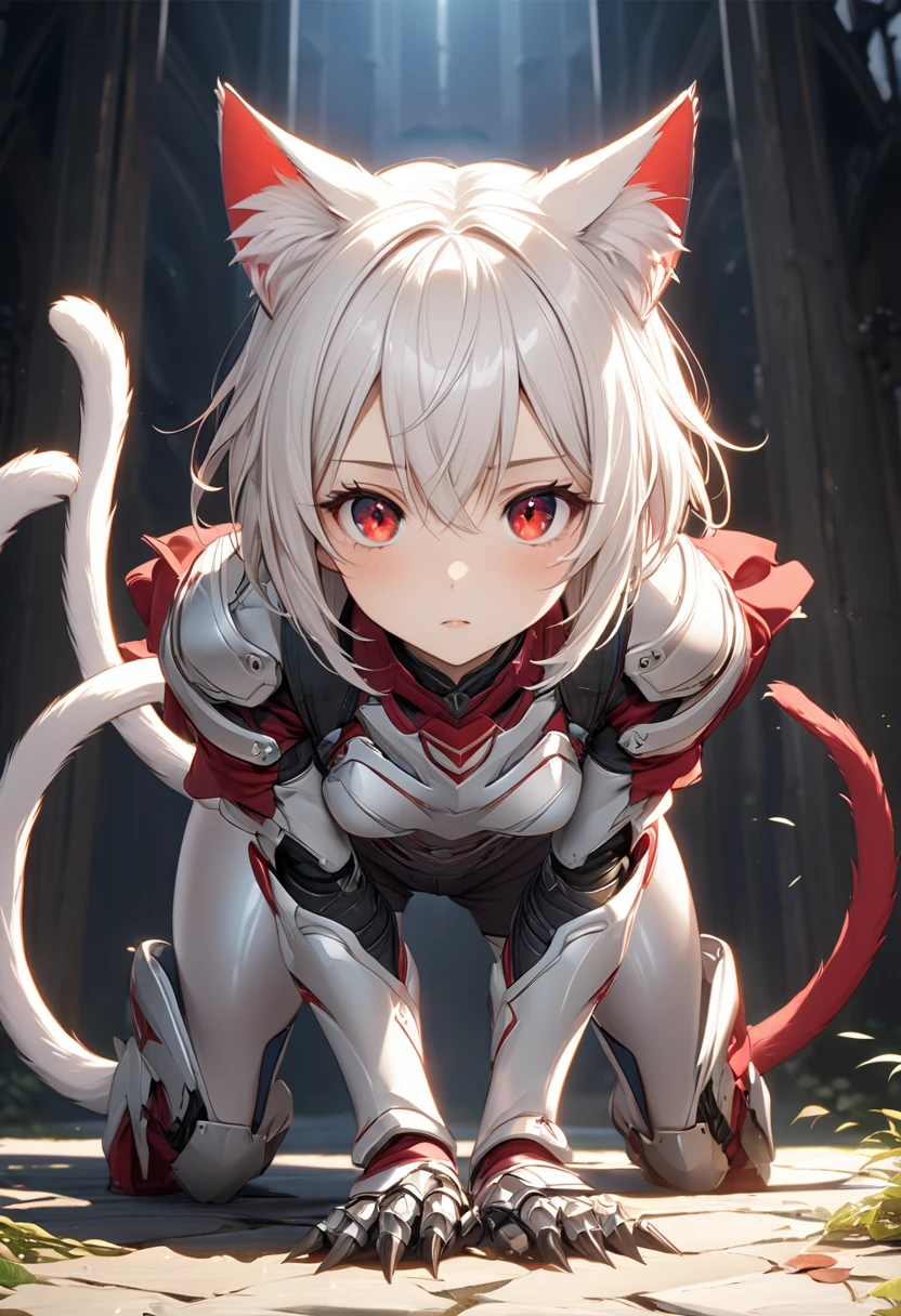 short hair, (red eyes:1.5), animal ears, tail, white hair, shorts, cat ears, cat tail, Light armor、Clawed Gauntlets, (small breast:1.2), BREAK looking at viewer, BREAK outside, BREAK (masterpiece:1.2), best quality, high resolution, unity 8k wallpaper, (illustration:0.8), (beautiful detailed eyes:1.6), extremely detailed face, perfect lighting, extremely detailed CG, (perfect hands, perfect anatomy),On all fours、