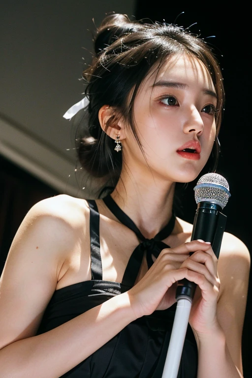 (22 year old Japanese beautiful girl,), (Small breasts,:1.5,),(solo,Textured skin, Detailed skin,Detailed face,Detailed eyes,detailed posing,Natural eyebrows,High detail, Highest quality, Super detailed, Surrealism, ,8k,RAW Photos,Photographicism,Professional Lighting,Ray Tracing,Aperture F1.2,Portrait Photography,Natural Light),(((Black Hair, Natural Makeup,Simple earrings,Bun Hair, Cute Dress,ribbon,))),((Karaoke Box,Singing while holding a microphone with both hands))