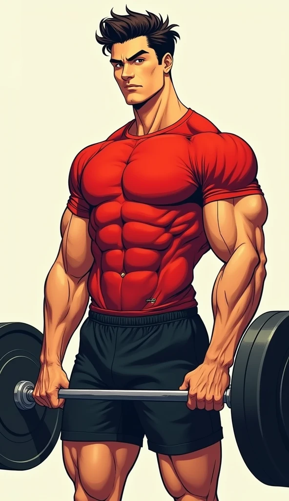 best quality, masterpiece, fill frame, zoomed out, full body, manga style, poster of handsome man, athletic build, wearing plain red tshirt and black shorts, lifting a barbell, perfect fingers, perfect hands, perfect face, perfection, no background