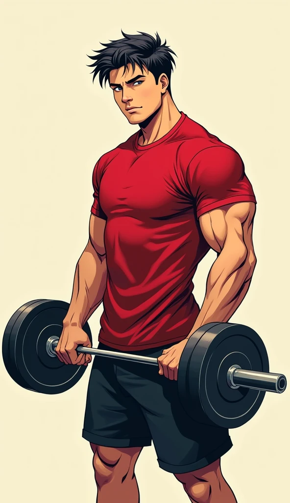best quality, masterpiece, fill frame, zoomed out, full body, manga style, poster of handsome man, athletic build, wearing plain red tshirt and black shorts, lifting a barbell, perfect fingers, perfect hands, perfect face, perfection, no background