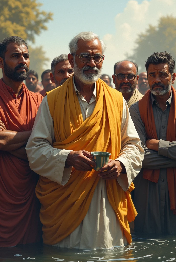 Mahad Satyagraha: A scene of Dr. Ambedkar standing with a group of Dalits, holding a cup of water taken from the Mahad tank, representing the fight against untouchability.