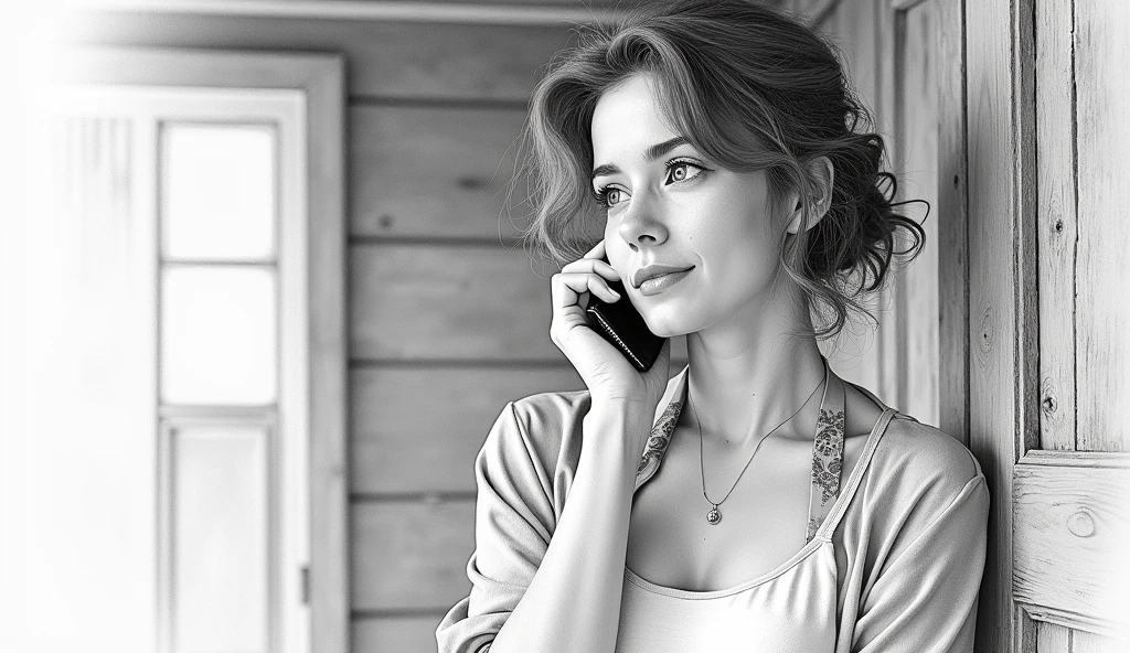 Lady in the wooden house talking in the phone pencil drawing