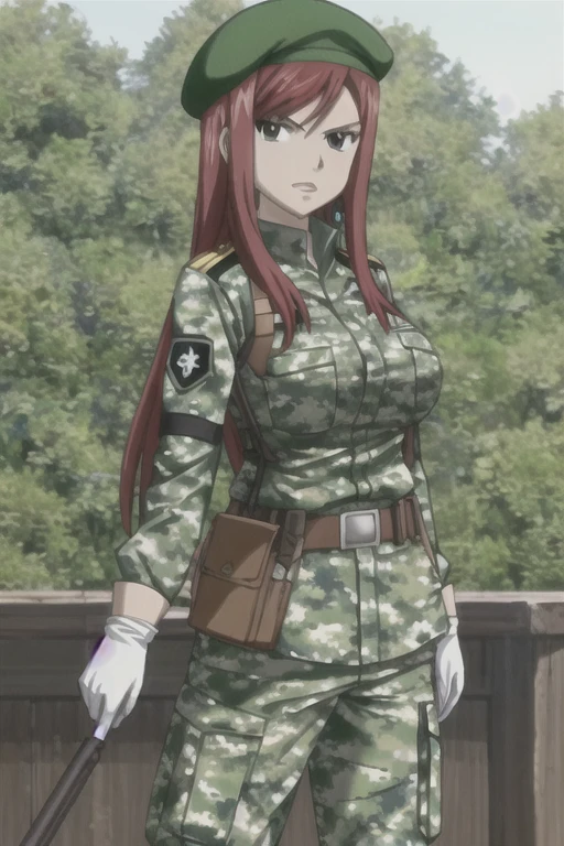 1girl, solo, Erza Scarlet, Fairy Tail, red hair, long hair, big breasts, looking at viewer, sidelocks, green camouflage military uniform, long sleeves, long coat, (bulletproof vest), utility belt, belt pouches, green camouflage military cargo pants, gloves, green camouflage beret, green hat, badges, (simple white background)