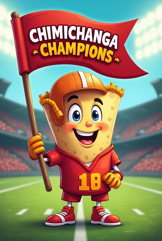 A chimichanga burrito as a funny character holding a flag with a logo saying chimichanga champions. football themed, something I can use as a profile picture