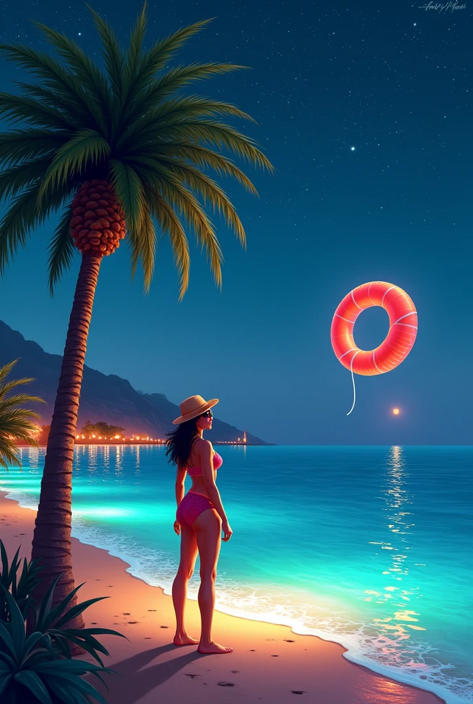 Create a palm tree in the background sea and behind it you can see a party girl on Mallorca below the palm tree is a swimming ring above there are stars it is night above that FIRE IN THE PO in German