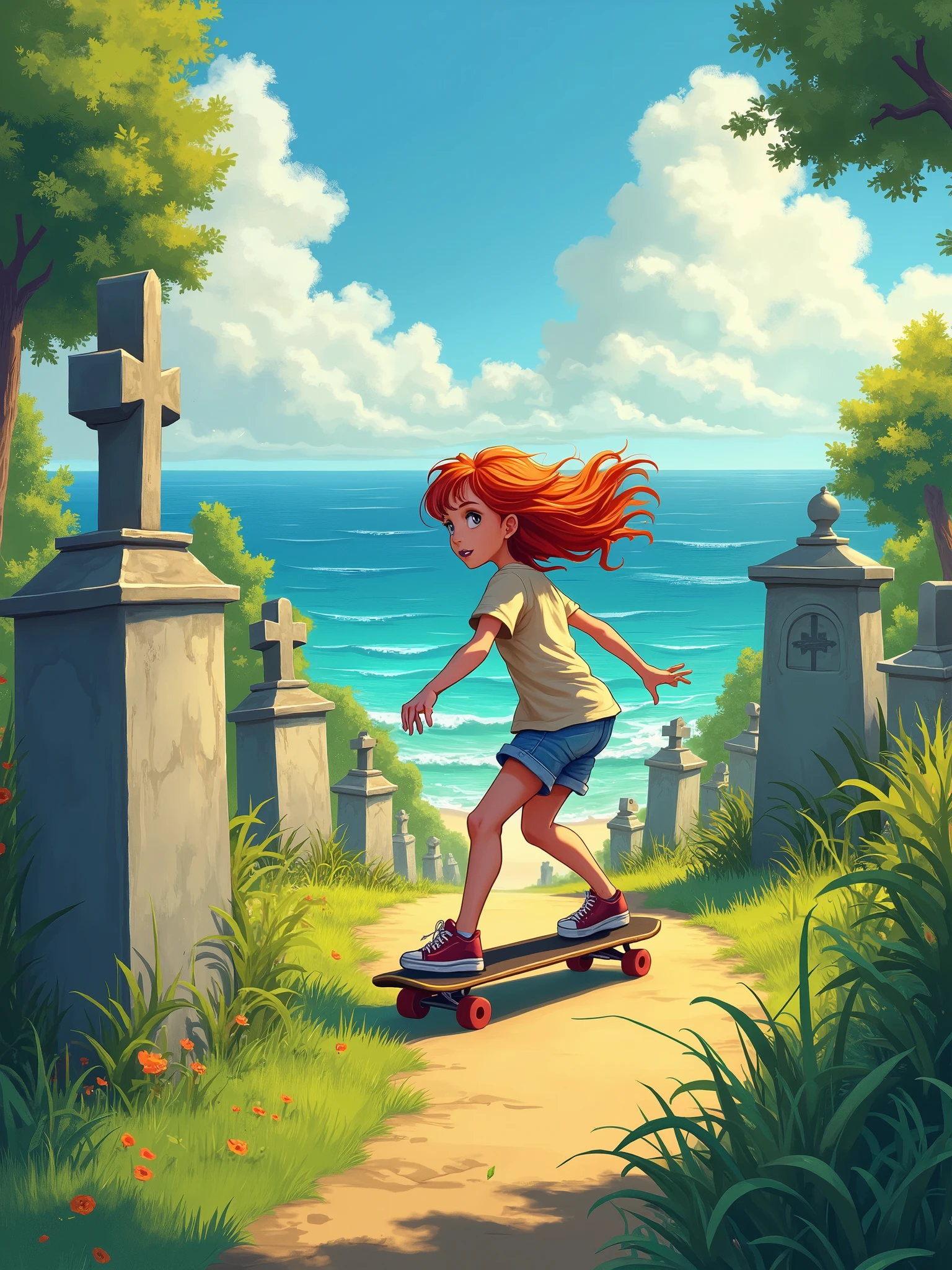a red haired girl on a skateboard on a cemetery near the ocean at noon
